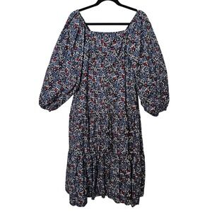SUMMERSALT Floral Smocked Square Neck Midi Dress Balloon Sleeve Blue Red Medium